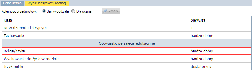 UONET+ moduł Dziennik Jak wprowadzić oceny roczne z przedmiotu religia/etyka, aby pojawiły się we właściwym miejscu na arkuszach ocen i świadectwach uczniów?