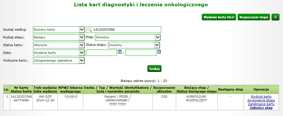 Rysunek 1-7 Przykładowa lista kart diagnostyki i leczenia onkologicznego Na Liście kart diagnostyki i leczenia onkologicznego karta, dla której został wprowadzony etap Konsylium otrzyma status