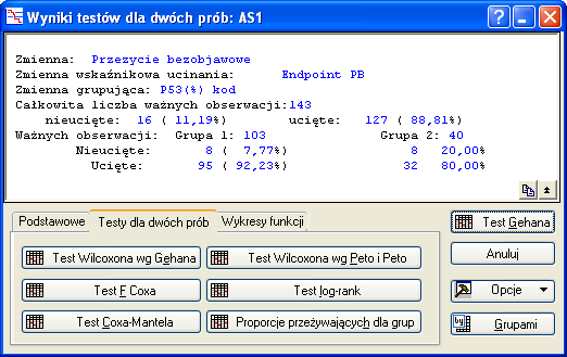 Rys. 9. Wybór zmiennych do porównania przeżyć w dwóch grupach. Po wyborze zmiennych nasze ustawienia pojawiają się w oknie porównań. Rys. 10.