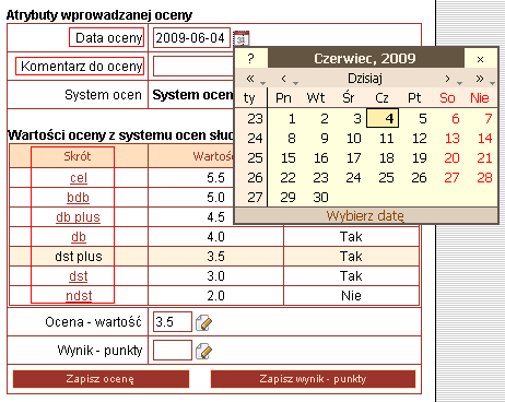 Ustawiona data będzie obowiązywać podczas wprowadzania ocen dla kolejnych słuchaczy (do momentu zdefiniowania nowej wartości). Rys. 5. wprowadzanie ocen z listy 3.