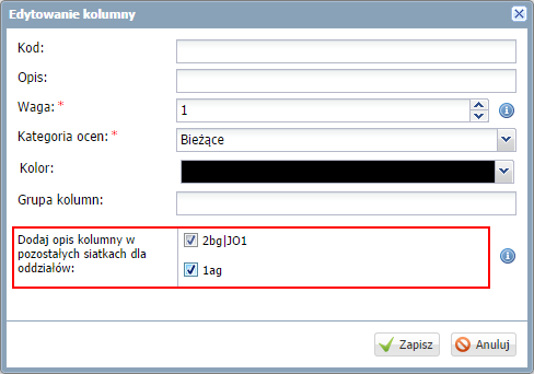 UONET+. Jak wprowadzać do dziennika oceny cząstkowe uczniów? 4/7 7. Kliknij ikonę znajdującą się w nagłówku kolumny, do której wprowadziłeś oceny, i wypełnij formularz Edytowanie kolumny.