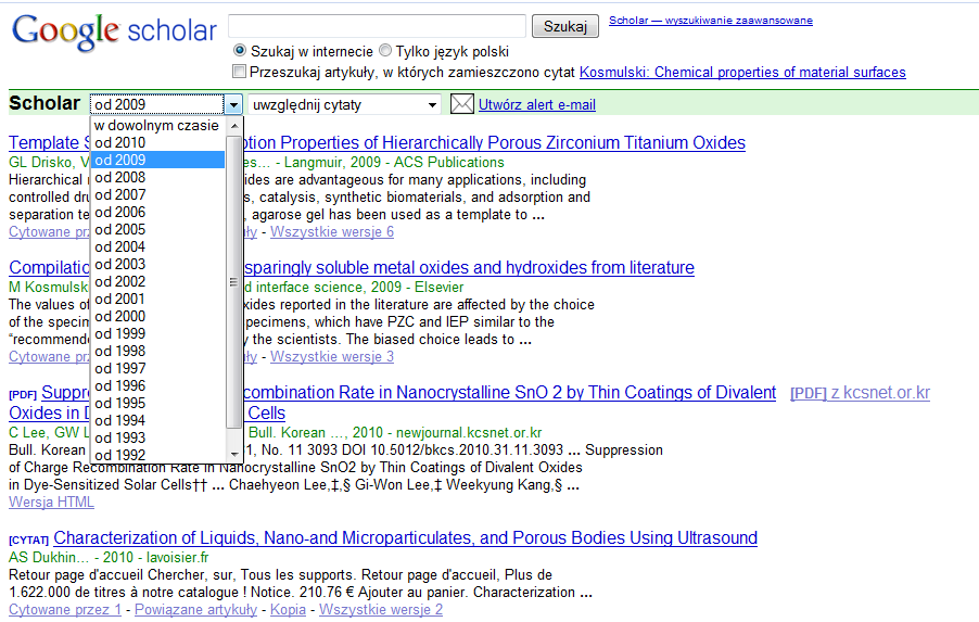 Rys. 1. Publikacje prof. Kosmulskiego w bazie Scholar Google Teraz chcemy sprawdzić ile cytowań miał autor w 2009 roku. Co należy zrobić?