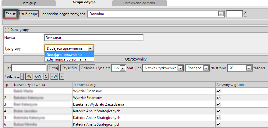 1.2 Grupy użytkowników Grupy użytkowników służą do przydzielenia użytkownikowi uprawnień do aplikacji.