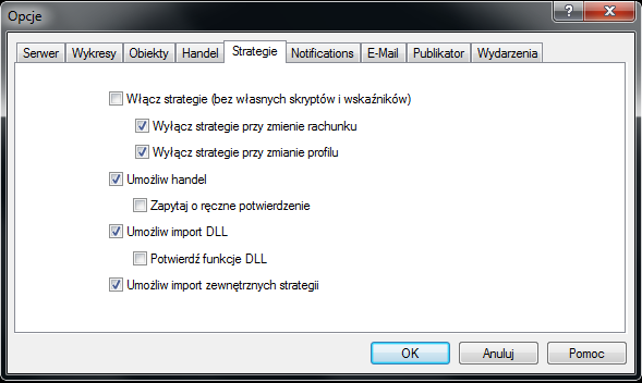 Strategie W tej zakładce mamy możliwość ustawienia opcji, jakie będą stosowane dla każdej uruchamianej strategii.