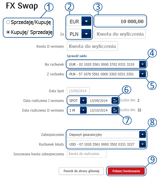 Następnie wybrać typ zabezpieczenia transakcji. Dla transakcji FX Swap dostępne są dwa typy zabezpieczenia transakcji: o zawarcie transakcji pod limit, jeśli taki został klientowi przyznany.