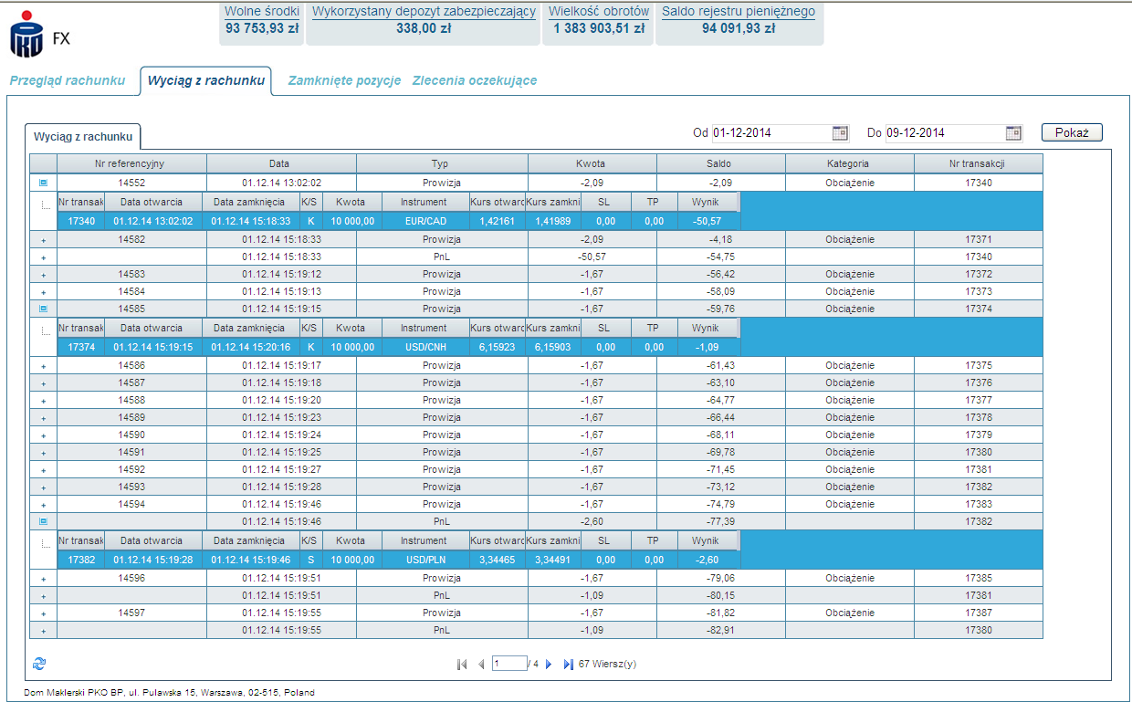 6.3 Wyciąg z rachunku Zakładka Wyciąg z rachunku pokazuje zestawienie wszystkich operacji dokonanych na rachunku inwestycyjnym OTC według wybranego interwału czasowego.