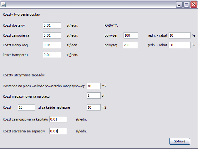 Domyślną jednostką w jakiej należy wprowadzać koszty jest złotówka na metr kwadratowy powierzchni placu składowego. Jeżeli dysponujemy danymi w innej postaci należy je najpierw przeliczyć.