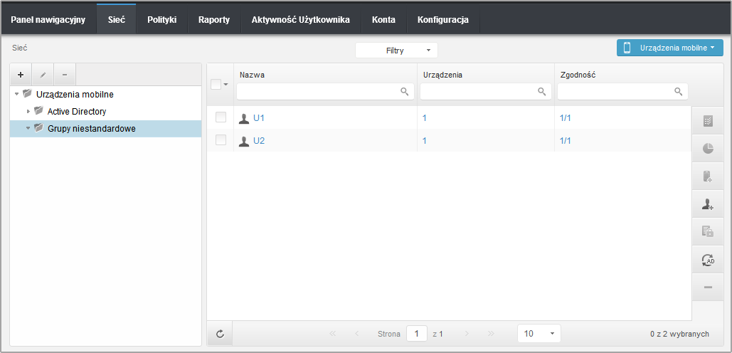 2. Wybierz Urządzenia Mobilne z selektora usług 3. Wybierz żądaną grupę w lewym panelu bocznym. 4. Naciśnij menu Filtry znajdujące się poniżej tabeli i zaznacz zytkownicy w kategorii Widok.