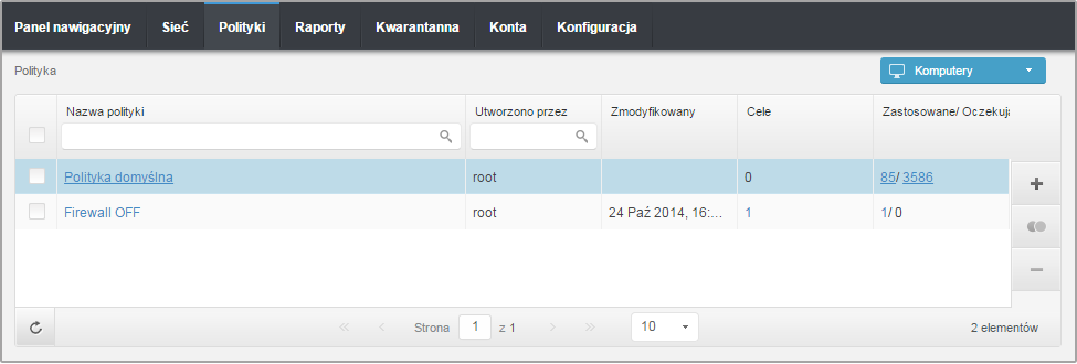 10.1. Zarządzanie politykami Możesz przeglądać i zarządzać politykami na stronie Polityki Strona Polityki Każdy rodzaj obiektów sieciowych ma określone ustawienia polityk.