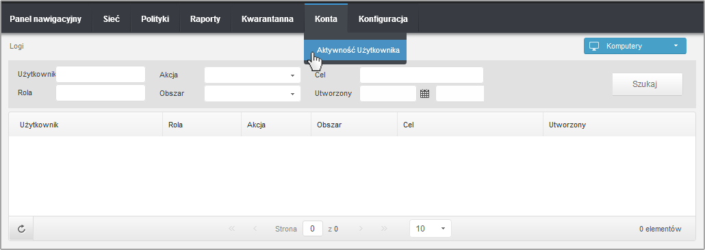 14. Dziennik Aktywności Użytkownika Control Center rejestruje wszystkie operacje i akcje wykonane przez użytkowników.