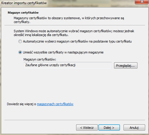 W drugim oknie kreatora należy wskazad plik certyfikatu przeniesiony z routera w postaci: SSL005v2_1114_1609.