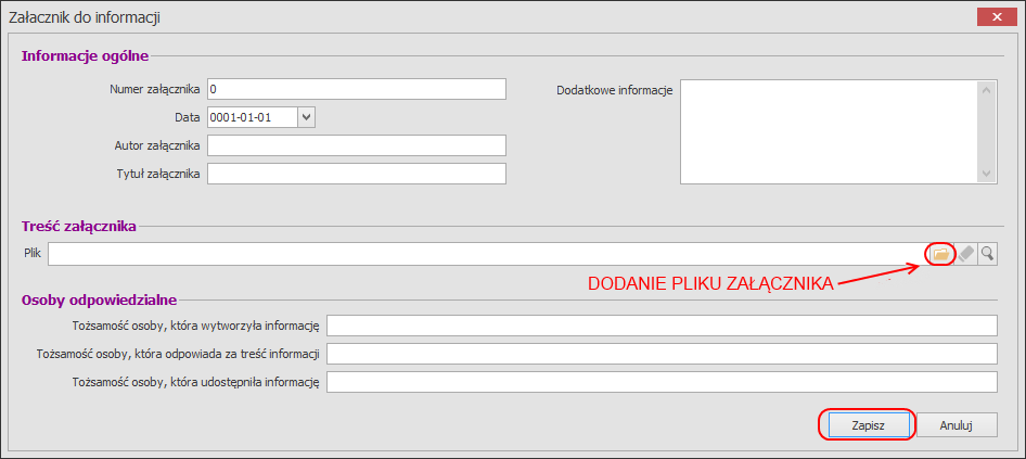 Na nowym formularzu w zakładce Informacja, uzupełniamy pola z danych sekcji.