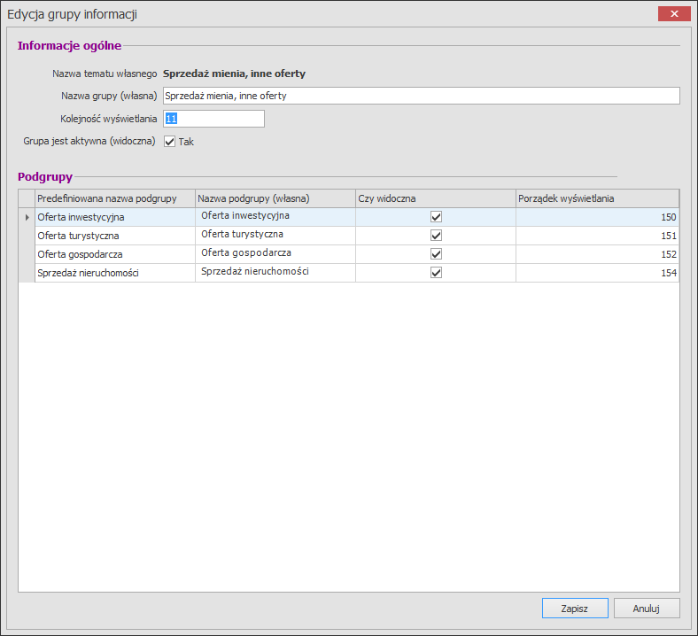 Nazwy Grup i Podgrup Informacji W tym miejscu mamy możliwość zmiany nazwy grupy oraz dołączenia podgrup informacji.