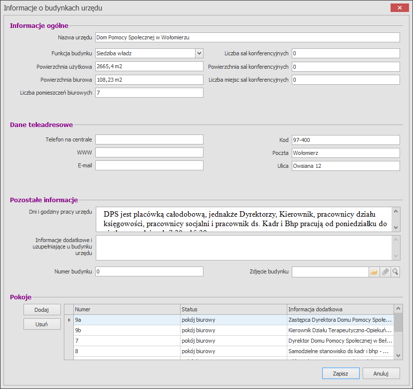 W sekcjach: Informacje ogólne Dane teleadresowe Pozostałe informacje Wprowadzamy podstawowe dane informacyjne dotyczące urzędu.