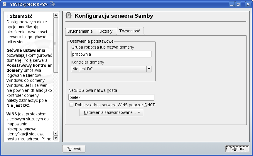 Przykładowa treść pliku konfiguracyjnego serwera Samba /etc/samba/smb.conf [global] workgroup = elektronik netbios name = s27st01 server string = Samba Server hosts allow = 192