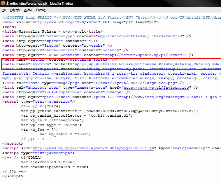 Schemat 1.1 Fragment kodu źródłowego portalu Wirtualna Polska (wp.pl) Źródło: Opracowanie własne na podstawie: Wirtualna Polska, // www.wp.pl, (19.05.