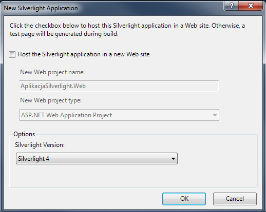 Rysunek 3. Nowy projekt Silverlight Application w VS 2010 2.