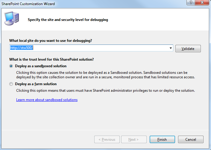 Rysunek 6. Konfiguracja witryny testowej projektu SharePoint 5. W kolejnym kroku dodajemy tzw.
