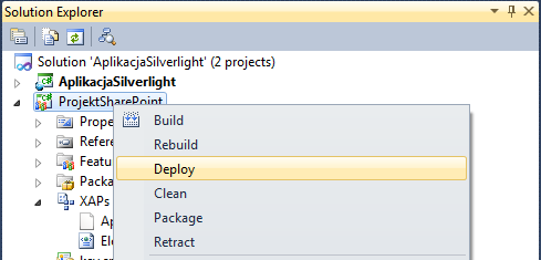 Rysunek 9. Plik.xap w module projektu SharePoint 8. Tak przygotowany projekt możemy wdrożyć do środowiska SharePoint opcją Deploy. Rysunek 10.