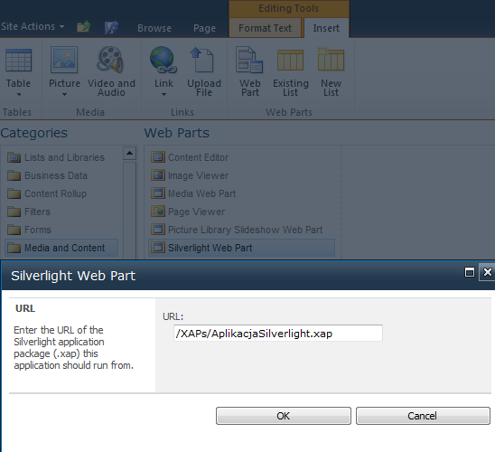 (%14%\TEMPLATE\LAYOUTS). W ten sposób nasz plik będzie dostępny dla całej farmy, nie tylko dla wybranych witryn. 6.2 Silverlight Web Part Na tym etapie, aplikacja Silverlight (plik.
