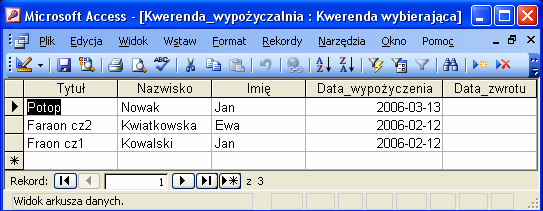 9. SPOSÓB KORZYSTANIA Z KWEREND Spróbuj odnaleźć wszystkie tytuły filmów, które nie zostały jeszcze zwrócone do wypoŝyczalni: Usuń tytuł Potop (zaznacz słowo i wciśnij Delete w klawiaturze) W