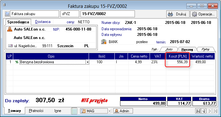 Podręcznik użytkownika Sage Symfonia Start Handel 113 Fakt odliczenia 50% podatku VAT dla pozycji nie ma wpływu na wartości Netto, VAT i Brutto w podsumowaniu dokumentu.