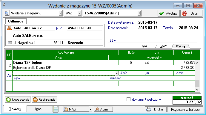 Podręcznik użytkownika Sage Symfonia Start Handel 126 Dokumenty rozchodu (WZ, RW) Rys. 86 Dokument Wydanie z magazynu.