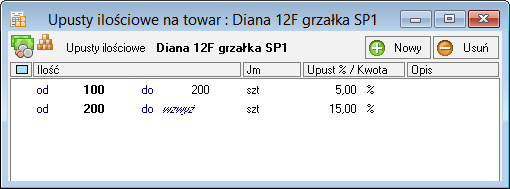 Podręcznik użytkownika Sage Symfonia Start Handel 200 Operacje dostępne w oknie danych towaru Upusty Indywidualne Umożliwia definiowanie indywidualnych cen lub upustów dla konkretnego towaru bądź