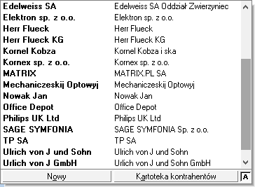 Podręcznik użytkownika Sage Symfonia Start Handel 13 Wybór kontrahenta W oknie wyboru kontrahenta, pracownika lub urzędu dostępne są następujące narzędzia: przycisk Nowy Otwiera okno kontrahenta,