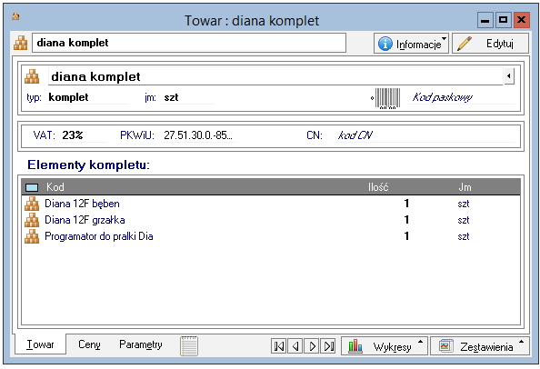 Podręcznik użytkownika Sage Symfonia Start Handel 34 Typ Komplet Towar typu komplet jest towarem złożonym, definiowanym poprzez listę tworzących go innych towarów. Rys.