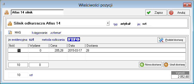 Podręcznik użytkownika Sage Symfonia Start Handel 51 Jeśli towar nie jest objęty odwrotnym obciążeniem, to we właściwościach pozycji dokumentu z samoopodatkowaniem widoczny jest tylko rejestr