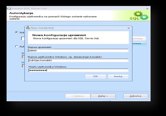 8.8 Okno kreatora SQL Server Job. W przypadku autentykacji Windows konieczne jest nadanie uprawnień.