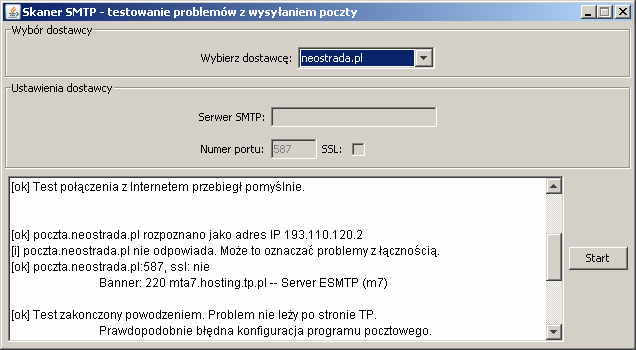 [x] Podany numer portu to 25. Port ten jest blokowany przez TP SA. Zapytaj dostawcy, czy moŝliwe jest połączenie na innych portach (465+SSL lub 587).