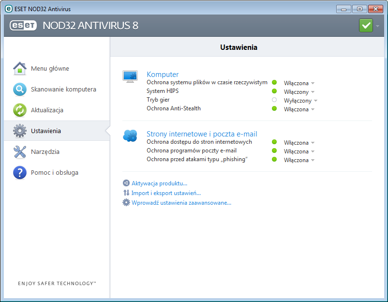 4. Praca z programem ESET NOD32 Antivirus Korzystając z ustawień programu ESET NOD32 Antivirus, można skonfigurować odpowiedni poziom ochrony komputera.