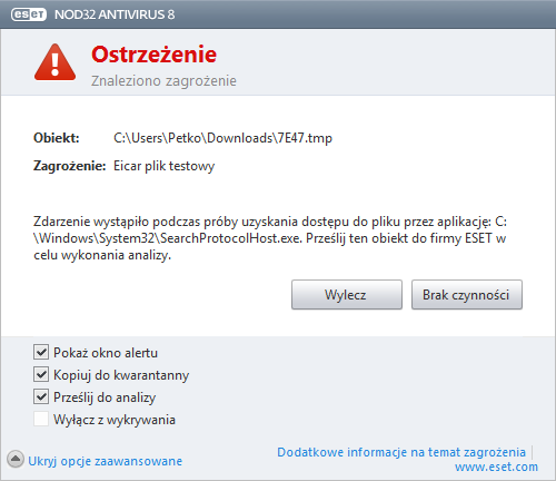 Leczenie i usuwanie Jeżeli nie określono wstępnie czynności do wykonania przez moduł ochrony plików w czasie rzeczywistym, pojawi się okno alertu z monitem o wybranie opcji.