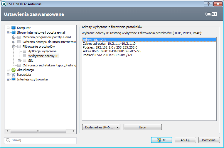 4.2.3.3 Wyłączone adresy IP Pozycje na liście zostaną wyłączone z filtrowania zawartości protokołów.