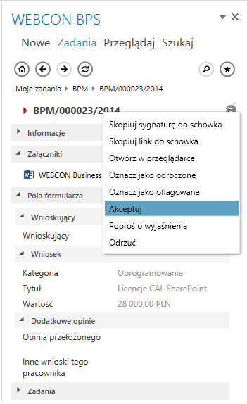 Ścieżki przejścia w Outlook Add-In W WEBCON BPS Outlook Add-In dodaliśmy możliwość wybrania ścieżki przejścia. Dzięki temu bez opuszczania klienta poczty możliwe jest np.