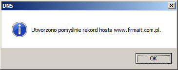 Zrzut 47 Dodanie nowego rekordu hosta Zrzut 48 Komunikat