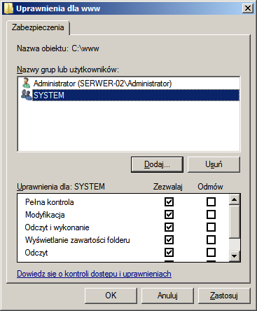 Zrzut 16 Nadanie uprawnień grupie SYSTEM Zrzut 17