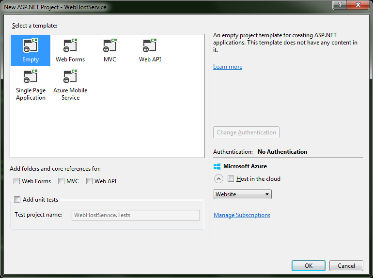 Nowy projekt Self Hosting Usługi Windows Web Hosted Wybieramy pusty template