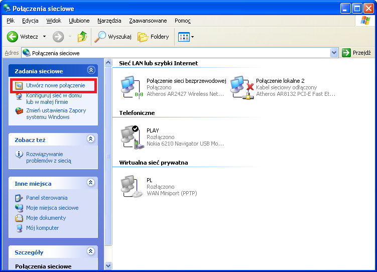 4. KONFIGURACJA KROK PO KROKU DLA SYSTEMU WINDOWS XP 1. TWORZENIE NOWEGO POŁĄCZENIA Z SIECIĄ 1.