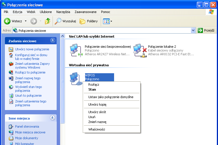 Połączenia sieciowe kliknij prawym przyciskiem myszy na ikonę połączenia VPN wybierając