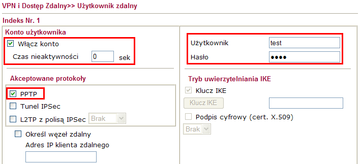 1. Konfiguracja serwera VPN Przejdź do zakładki VPN i Dostęp Zdalny>>Protokoły VPN i sprawdź (lub zaznacz) czy jest włączona obsługa protokołu PPTP.