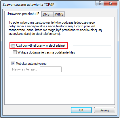 5. Brama domyślna Domyślnie Windows Vista/7 kieruje cały ruch przez połączenie VPN. Przejdź do właściwości utworzonego połączenia.