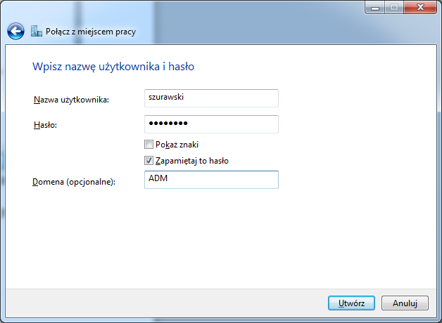 Wpisać dowolną nazwę, która będzie zrozumiale określała konfigurowane połączenie. Tu dla przykładu jest to VPN do AM.