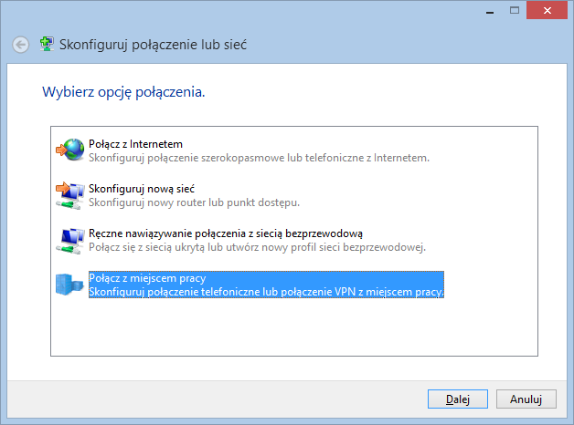 Konfiguracja dla systemu Windows 8 i 8.1 Warunkiem poprawnej pracy łącza VPN jest skonfigurowanie połączenia wg poniższej instrukcji.