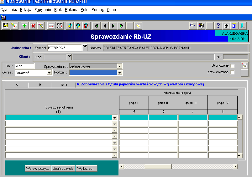 12. Sprawozdanie Rb-UZ 1) Sprawozdanie jednostkowe Rb-UZ tworzymy poprzez wybranie z listy rozwijanej odpowiedniego arkusza sprawozdawczego (str.6 niniejszej Instrukcji).