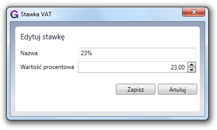 4.2. Aktualne stawki VAT i jednostki miary Aby określid aktualne stawki VAT należy w module ustawieo wybrad zakładkę Stawki VAT. Następnie kliknąd przycisk Dodaj. Pojawi się okno edycyjne.