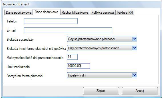 Istnieje możliwość przypisania kontrahentów do określonych grup oraz określania limitu zadłużenia i ilości dni