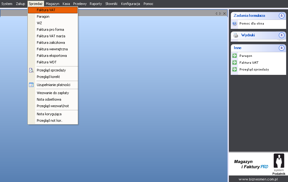 Wystawia dokumenty sprzedaży za towary i usługi: - Faktury VAT, - Faktury VAT polskie w dowolnej walucie, - Paragony, - WZ, - Faktury proforma, - Faktury VAT marża, - Faktury zaliczkowe,